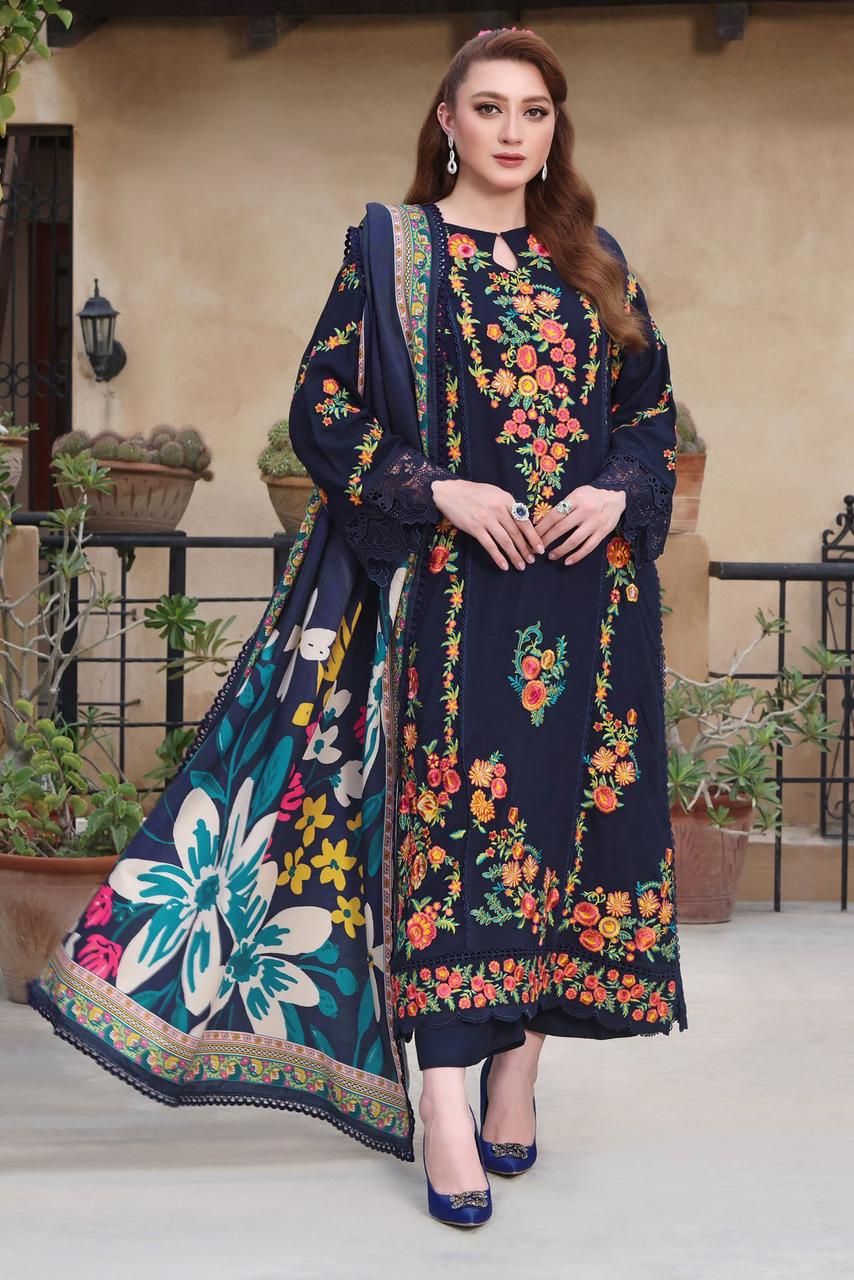 3PC DHANAK EMBROIDERED SHIRT WITH COURTRAI PRINTED SHAWL & TROUSER  V676
